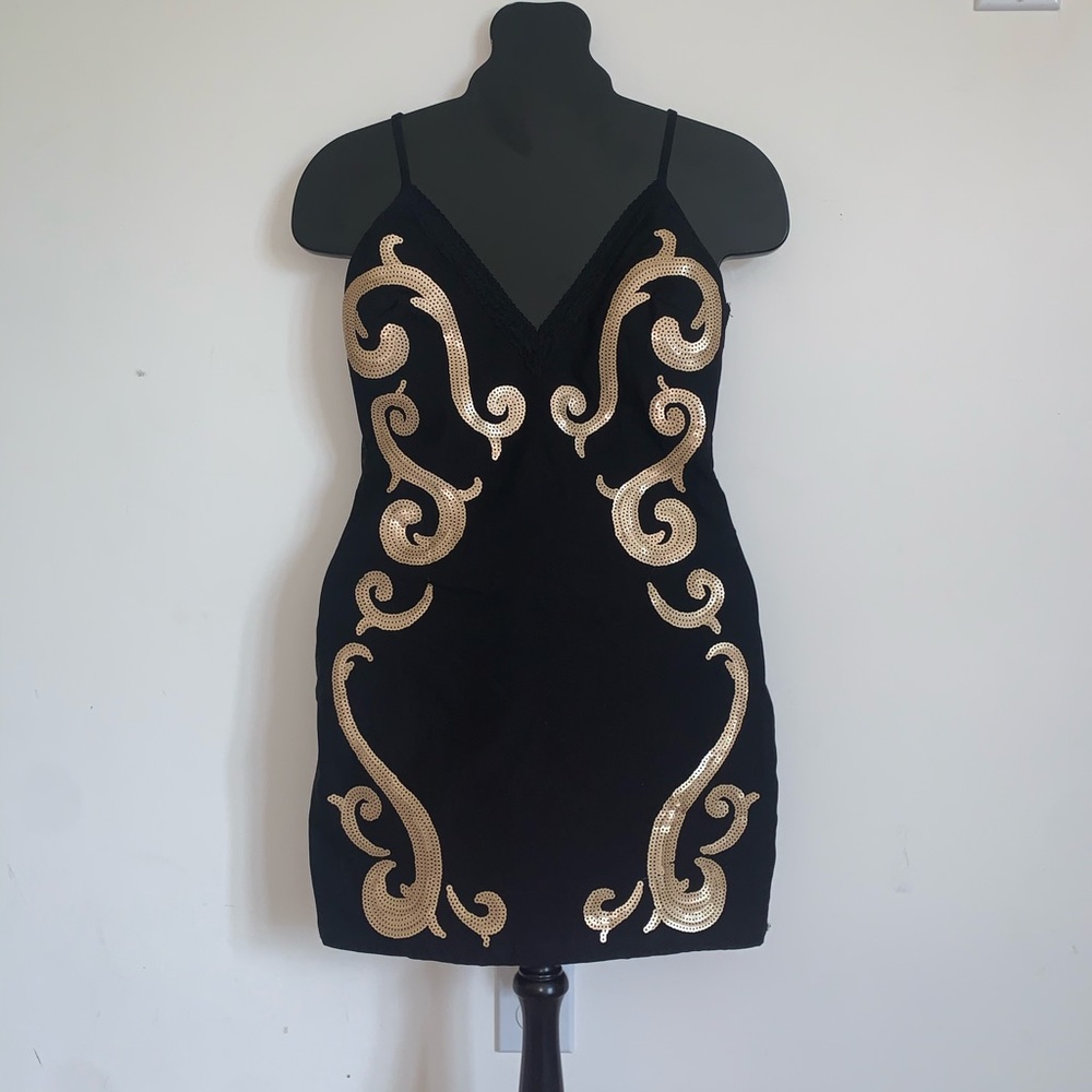 Tobi black formal dress with gold sequin accents